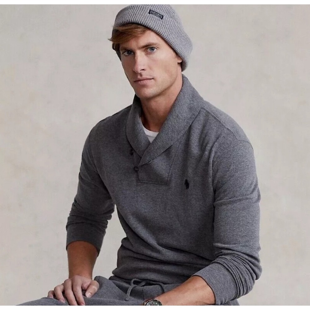 Polo Ralph Lauren Men Luxury Jersey Shawl-Collar Pullover Gray Sweatshirt XL